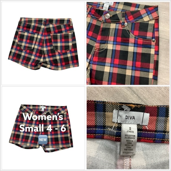 Women's DIVA S Small 4 - 6 Tartan Plaid Black Tan Red Khakis Chino Shorts NWOT - Picture 1 of 7